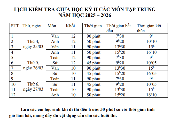 Lịch kiểm tra học kỳ II; Năm học 2025-2026