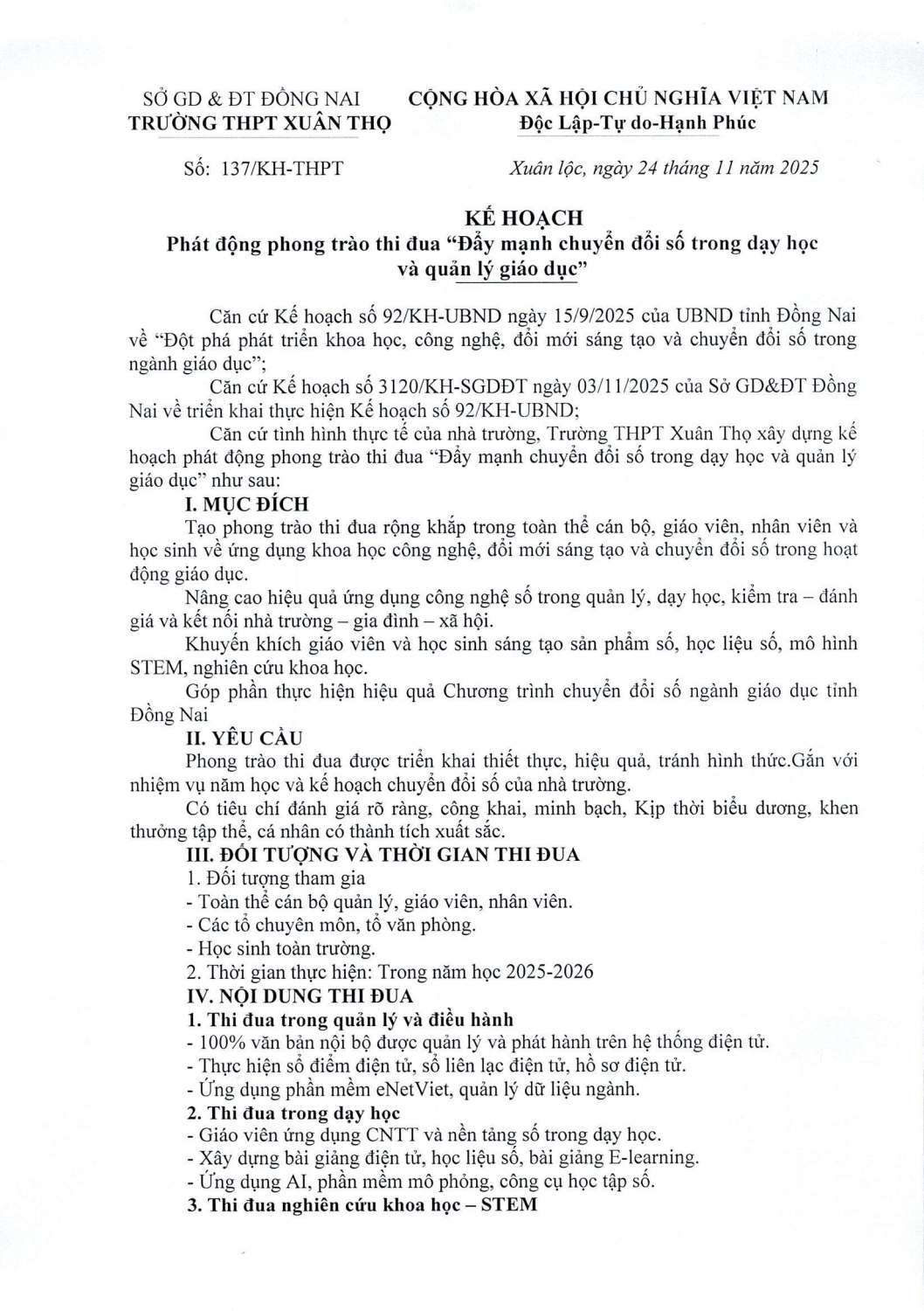 Kế hoạch phát động phong trào thi đua đẩy mạnh chuyển đổi số trong dạy học và quản lý giáo dục