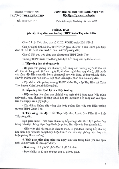 Thông báo số 02 - Thông báo lịch tiếp công dân 2026