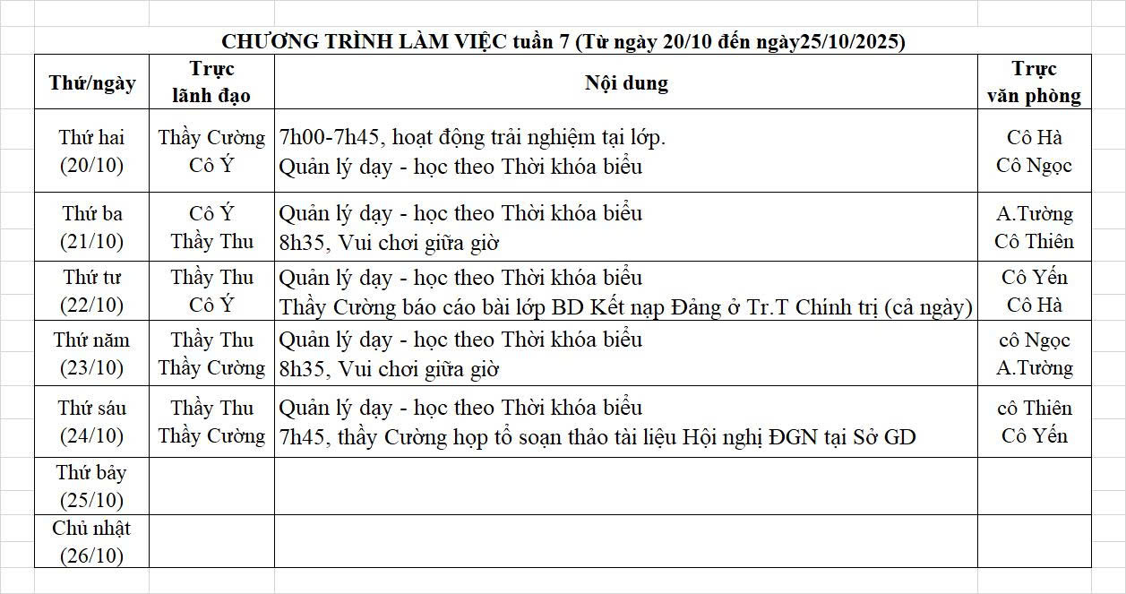 Lịch công tác (từ ngày 20/10/2025 - 26/10/2025