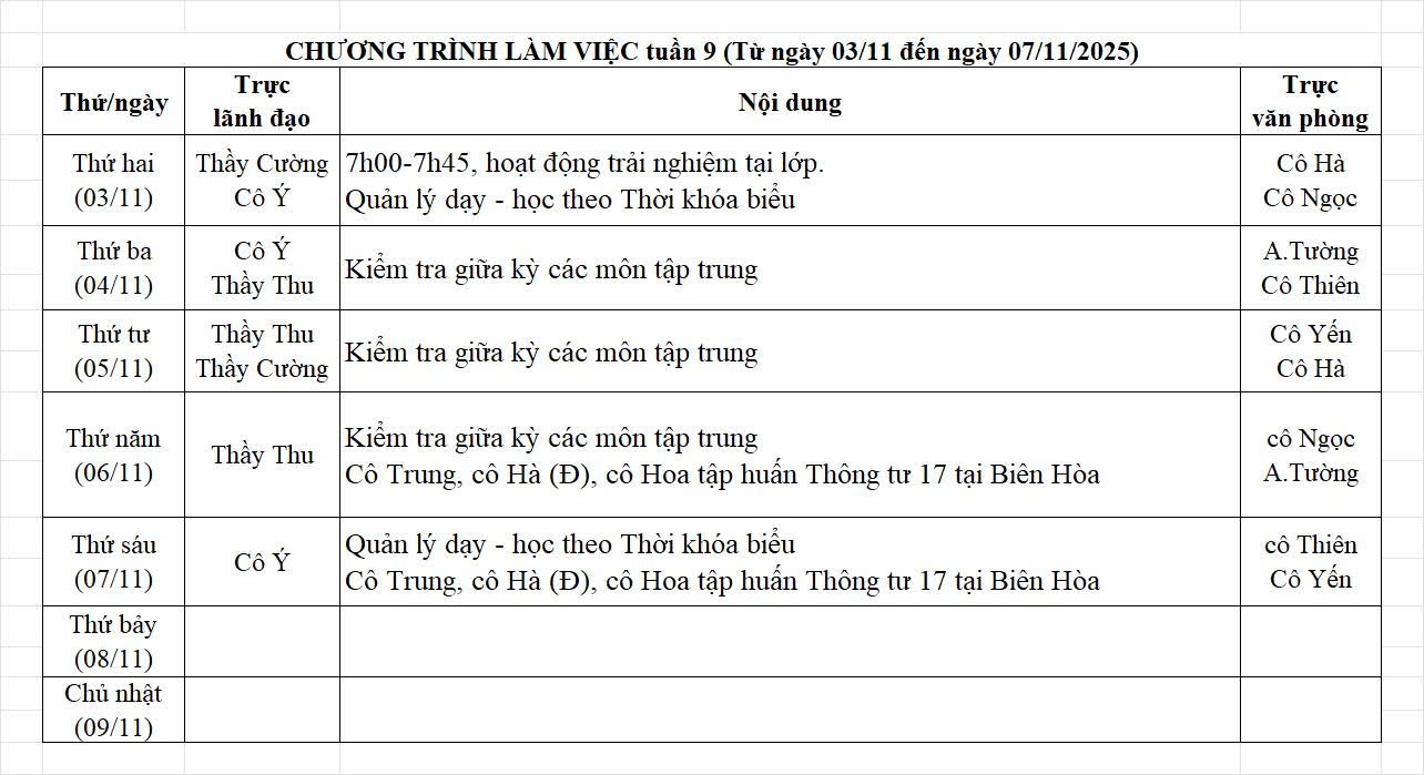 Lịch công tác (từ ngày 03/11/2025 - 09/11/2025)