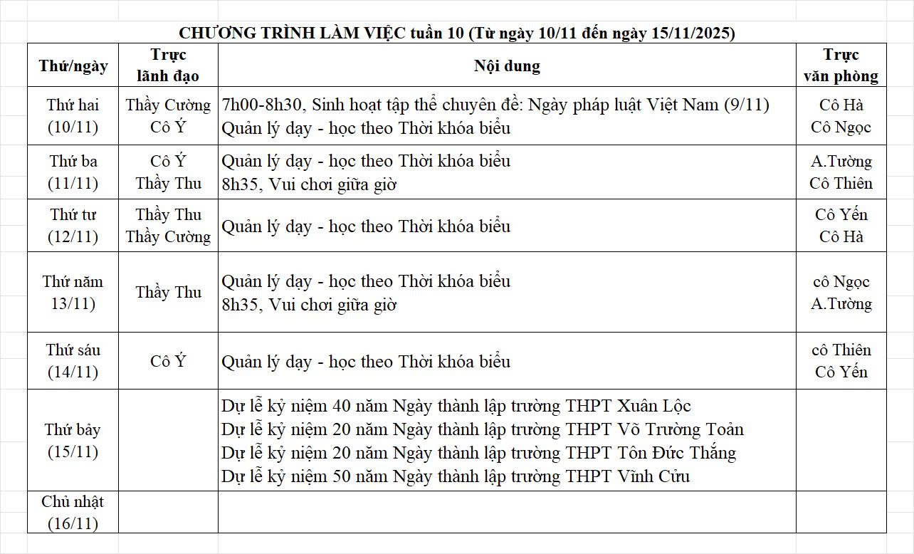Lịch công tác (từ ngày 11/11/2025 - 16/11/2025)