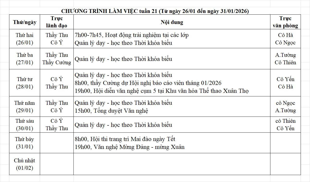 Lịch công tác (từ ngày 26/01/2025 - 01/02/2025)