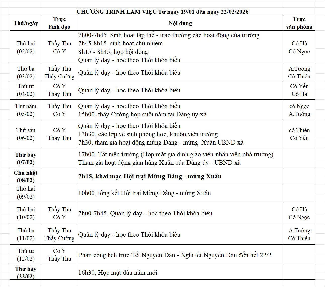 Lịch công tác (từ ngày 02/02/2026 - 22/02/2026)
