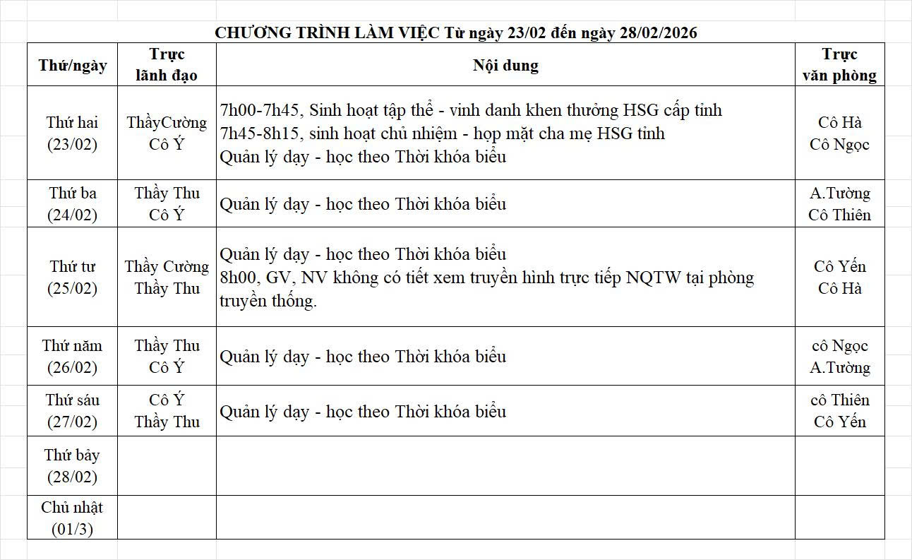 Lịch công tác (từ ngày 23/02/2026 - 01/03/2026)