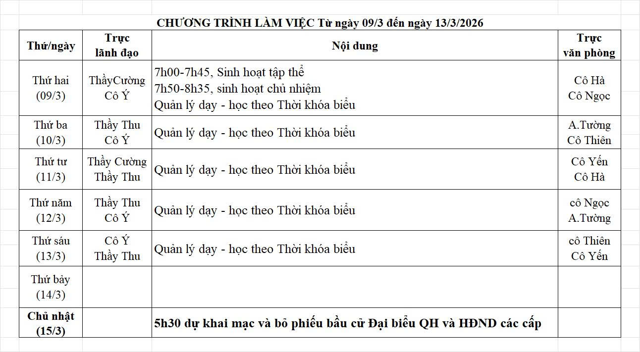 Lịch công tác (từ ngày 09/03/2026 - 15/03/2026)