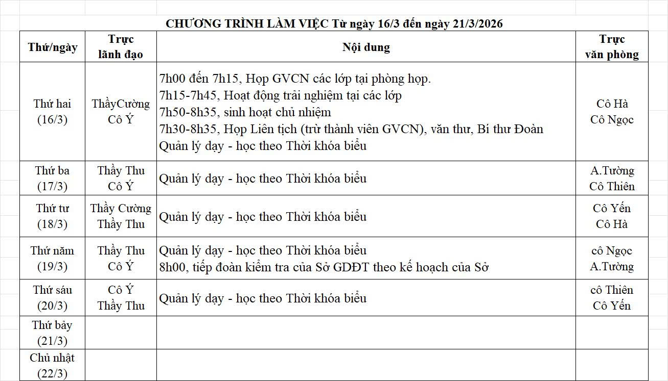 Lịch công tác (từ ngày 16/03/2026 - 22/03/2026)
