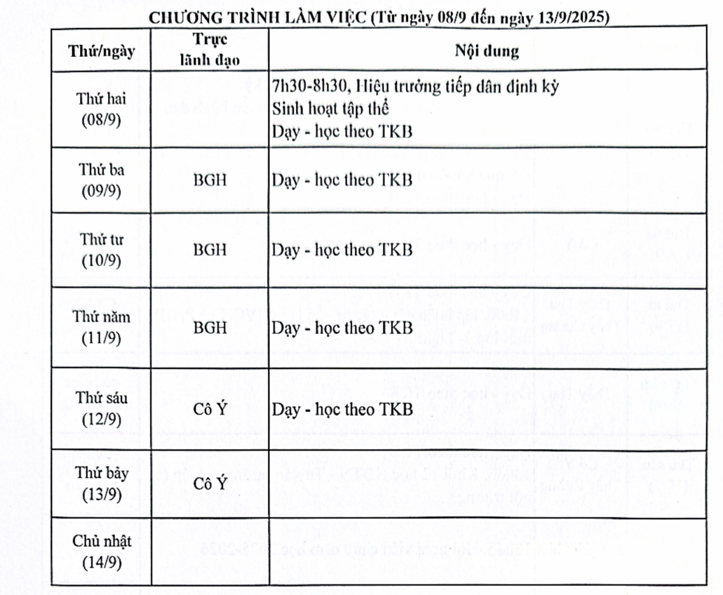 Lịch công tác (từ ngày 08/9/2025 - 14/9/2025)