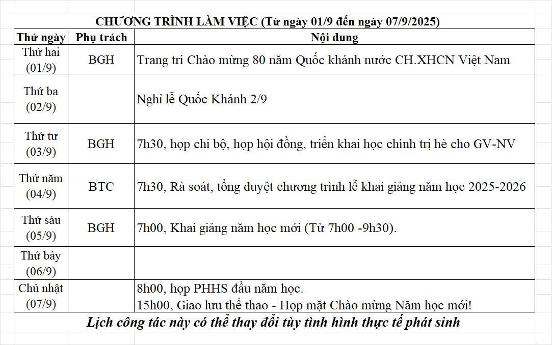 Lịch công tác (từ ngày 01/9/2025 - 07/9/2025)