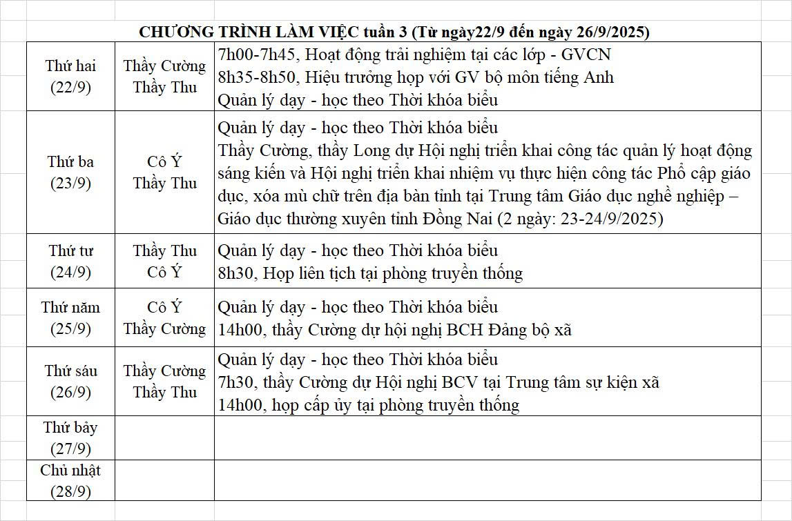 Lịch công tác (từ ngày 22/9/2025 - 28/9/2025)