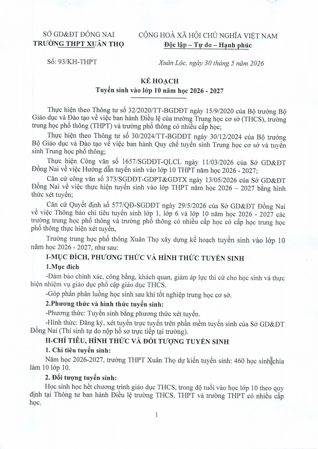 KH Tuyển sinh vào lớp 10 năm học 2026-2027